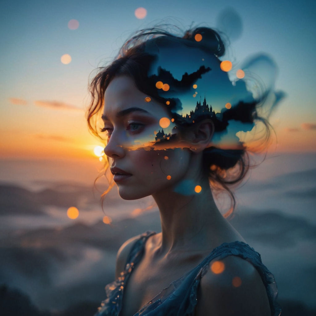 Abstract Dreamscape with Emerging Face in Orange-Blue Gradie...