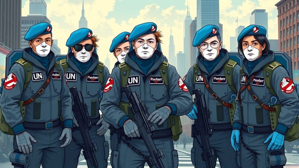 Ghostbusters as UN Peacekeepers in Sci-Fi Cityscape