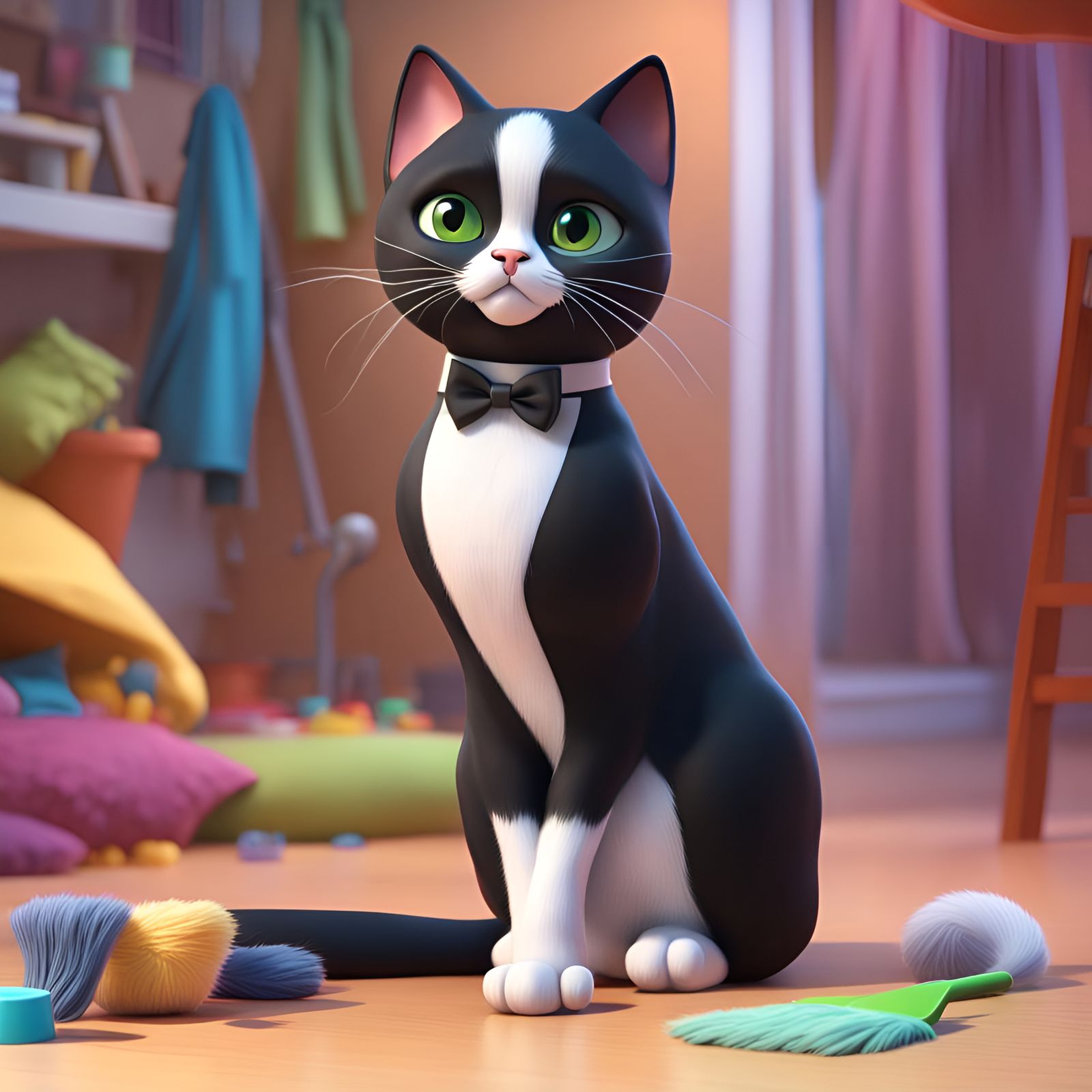 Tuxedo Cat Grooming Itself: 3D Digital Art