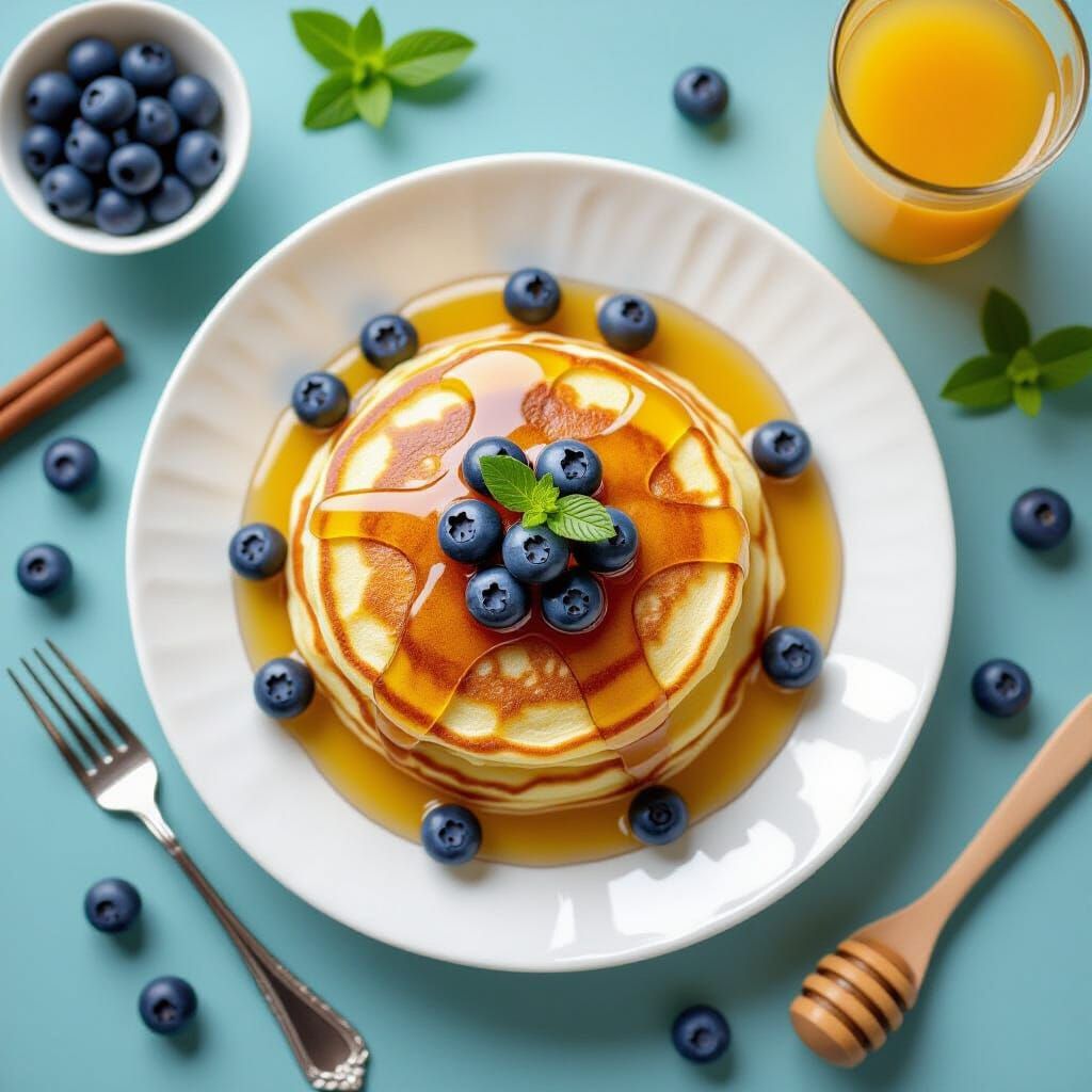 Hyperrealistic Pancake Still Life with Honey and Berries