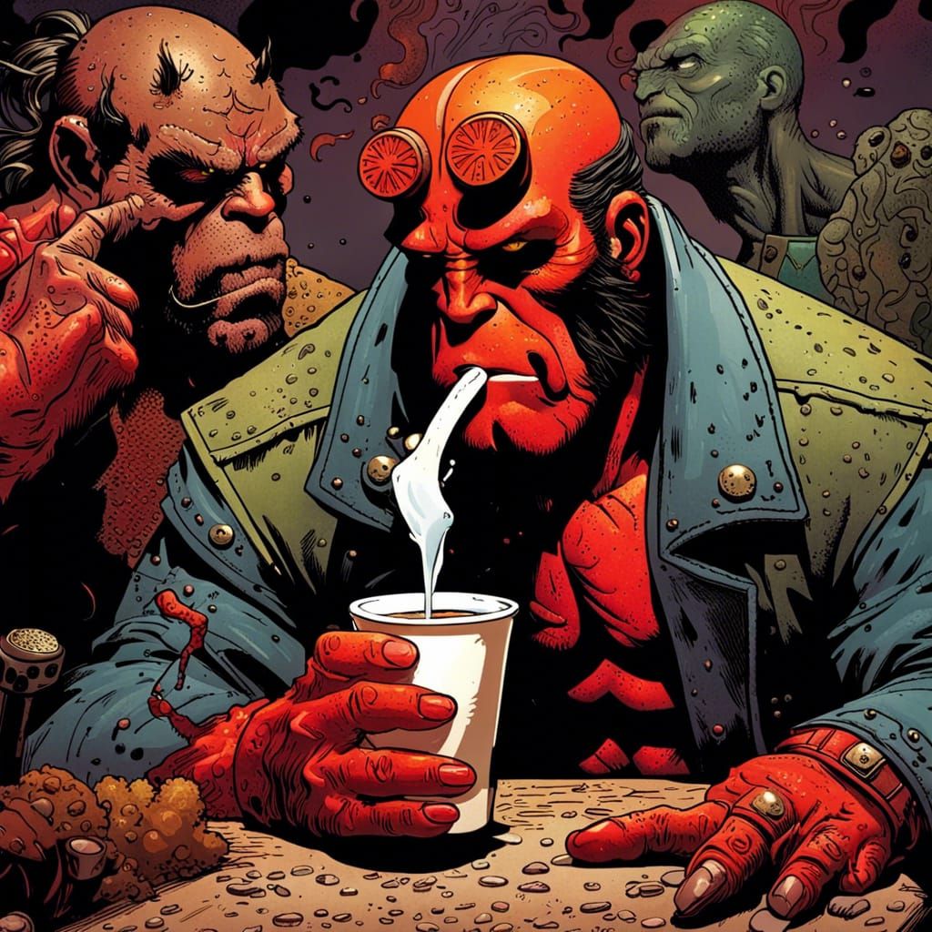 Hellboy's Coffee Break: Hyperrealistic Comic Art