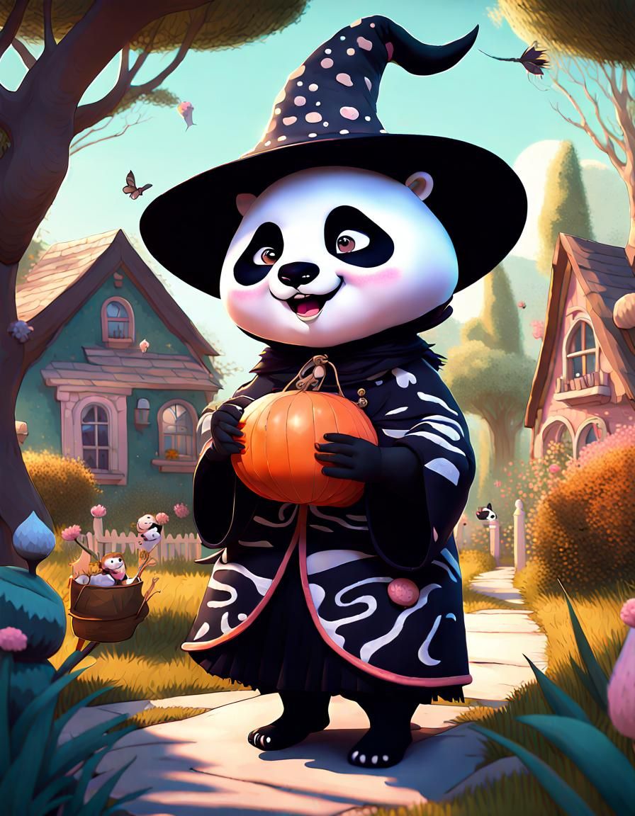 Whimsical Witch and Panda in Magical Garden