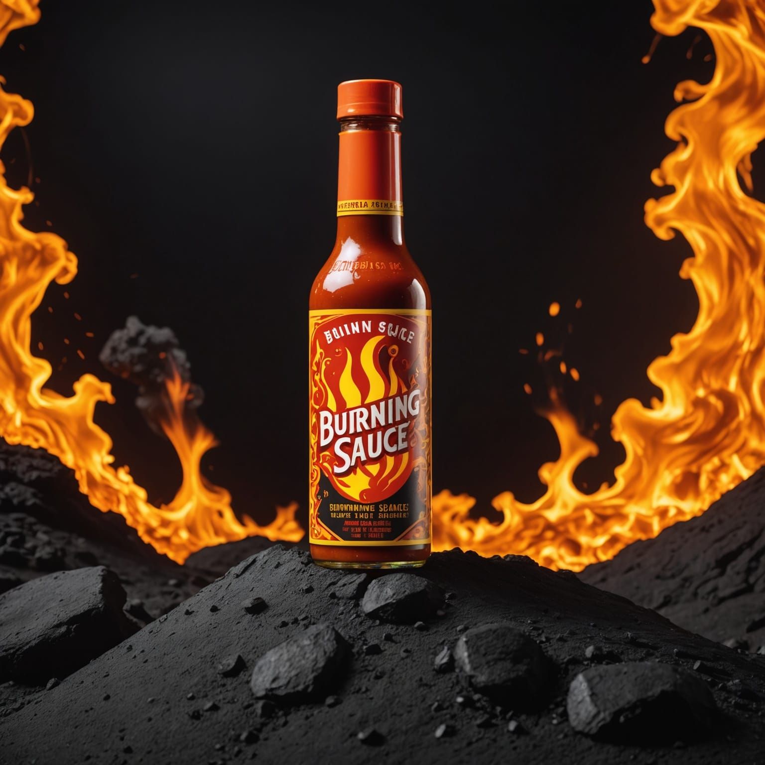 Burning Hot Sauce Bottle in Volcanic Environment