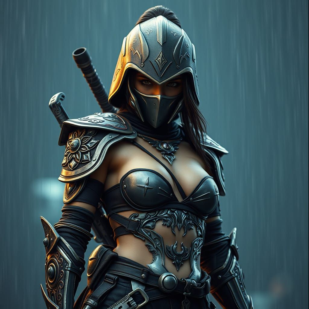 Futuristic Ninja in Rain, Hyperrealistic Film Noir