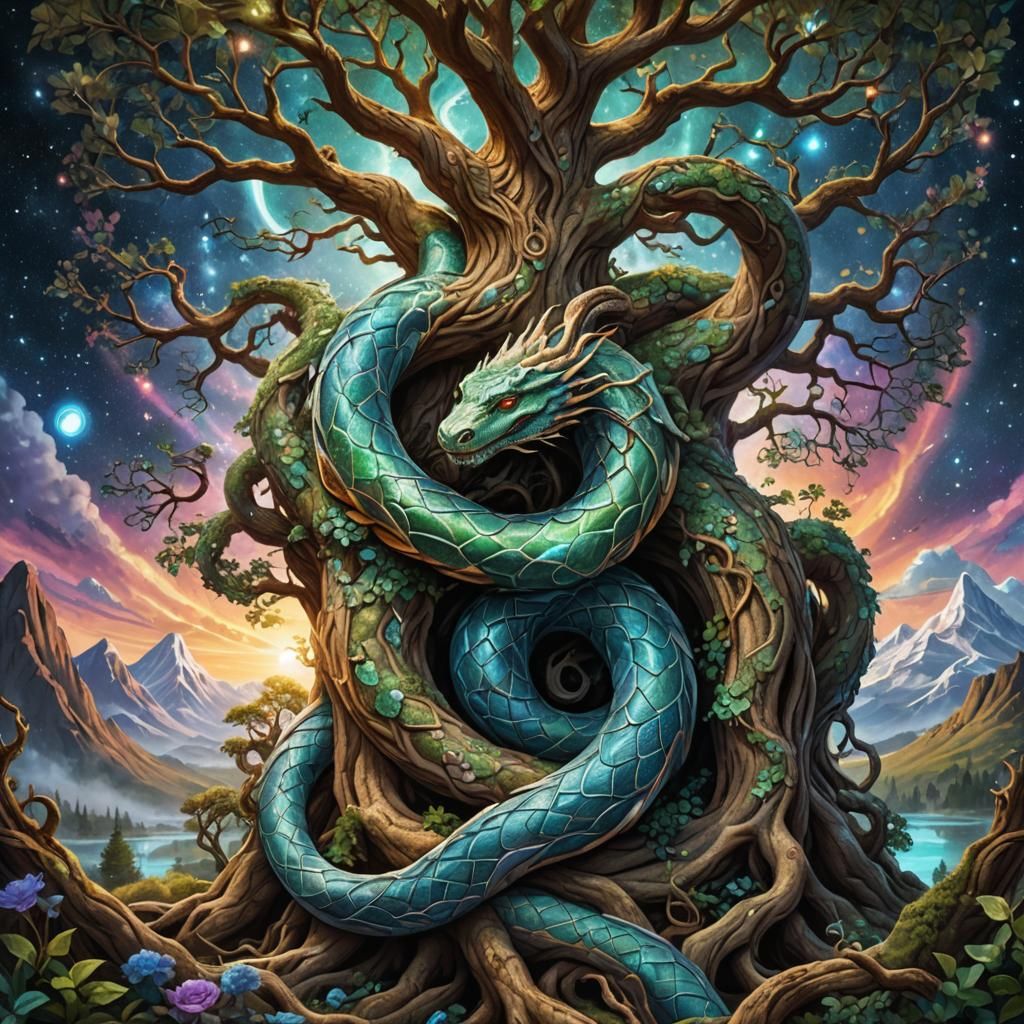 Jormungandr and Yggdrasil in Holographic Illustration