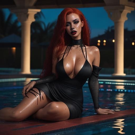 Hyperrealistic Woman with Red Hair by Pool