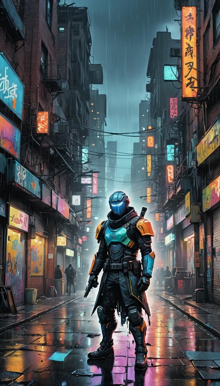 Phantomblade in Rain-Soaked City: Graffitipunk Digital Water...