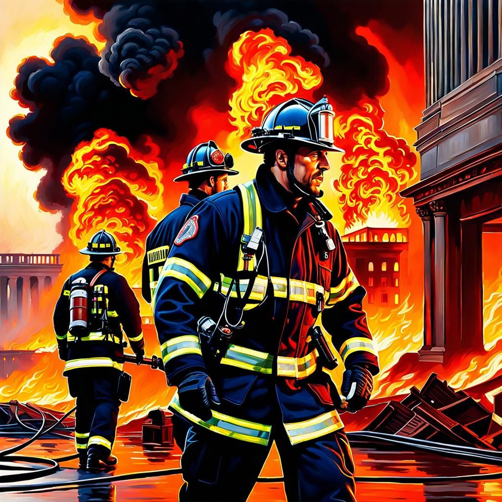 Tower Inferno: Firefighters in Hellfire, Oil Painting