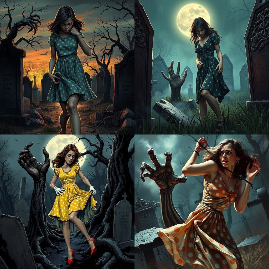 Vintage Zombie Hand Emerges from Graveyard, Tugging on Polka...