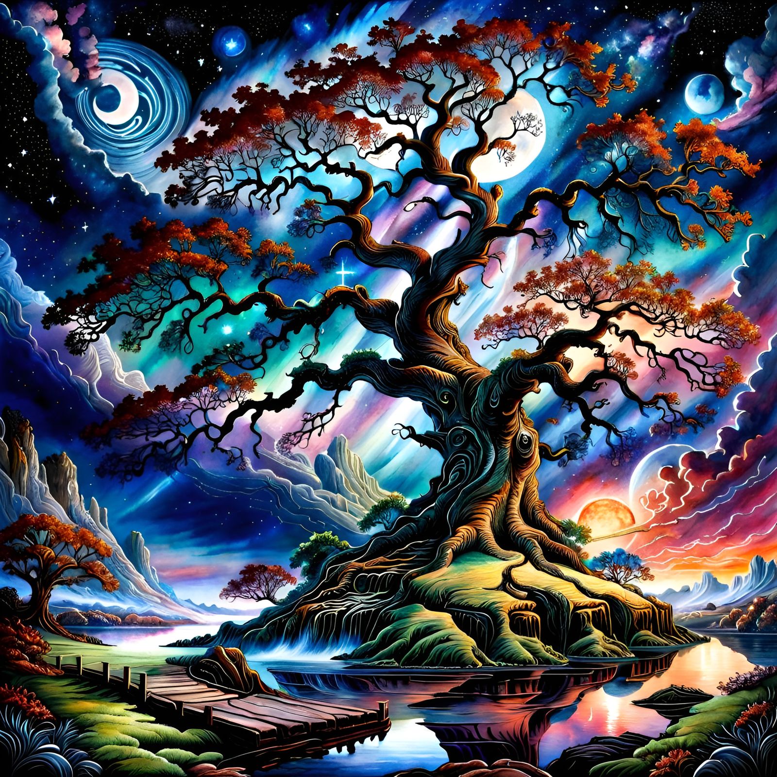 Chaotic Oak Tree Under Cosmic Sky, Watercolor Style