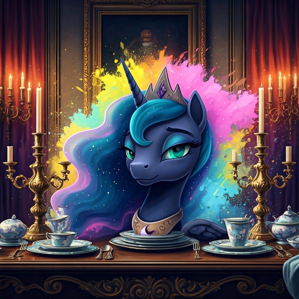 Surreal Princess Luna Dining Scene in Vibrant Street Art Sty...