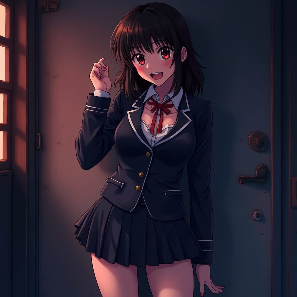 Seductive Anime Schoolgirl in Dimly Lit Cinematic Setting