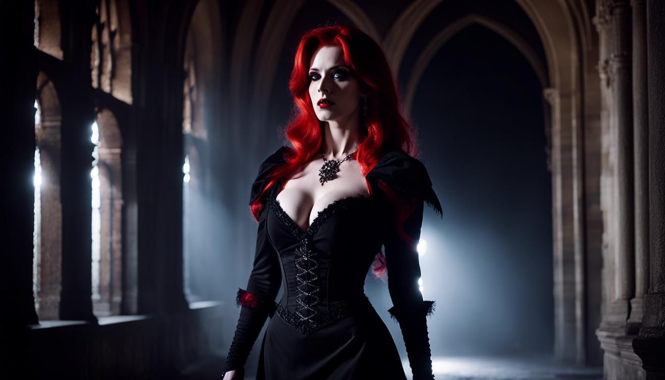 Gothic Redhead Vampire in Dark Castle Hallway
