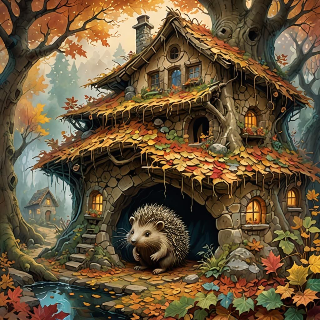 Porcupine's Autumn Home: Watercolor Storybook Illustration