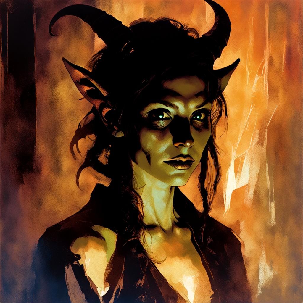Haunting Tiefling Portrait with Glitchy Chemigram Effects