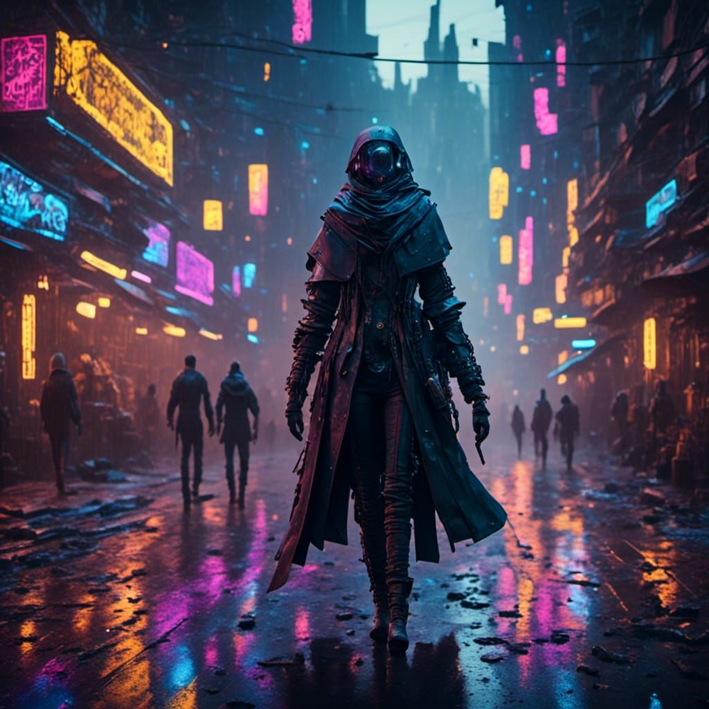 Cyberpunk Rogue Walking City Street in Cyberpunk Style