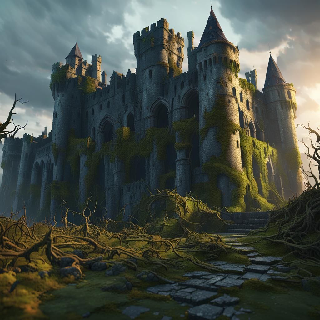Dystopian Fantasy Castle Ruins at Golden Hour