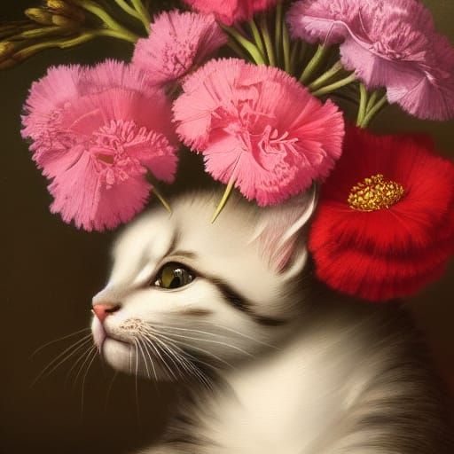 Kitten and Carnations Still Life in Detailed Painting Style