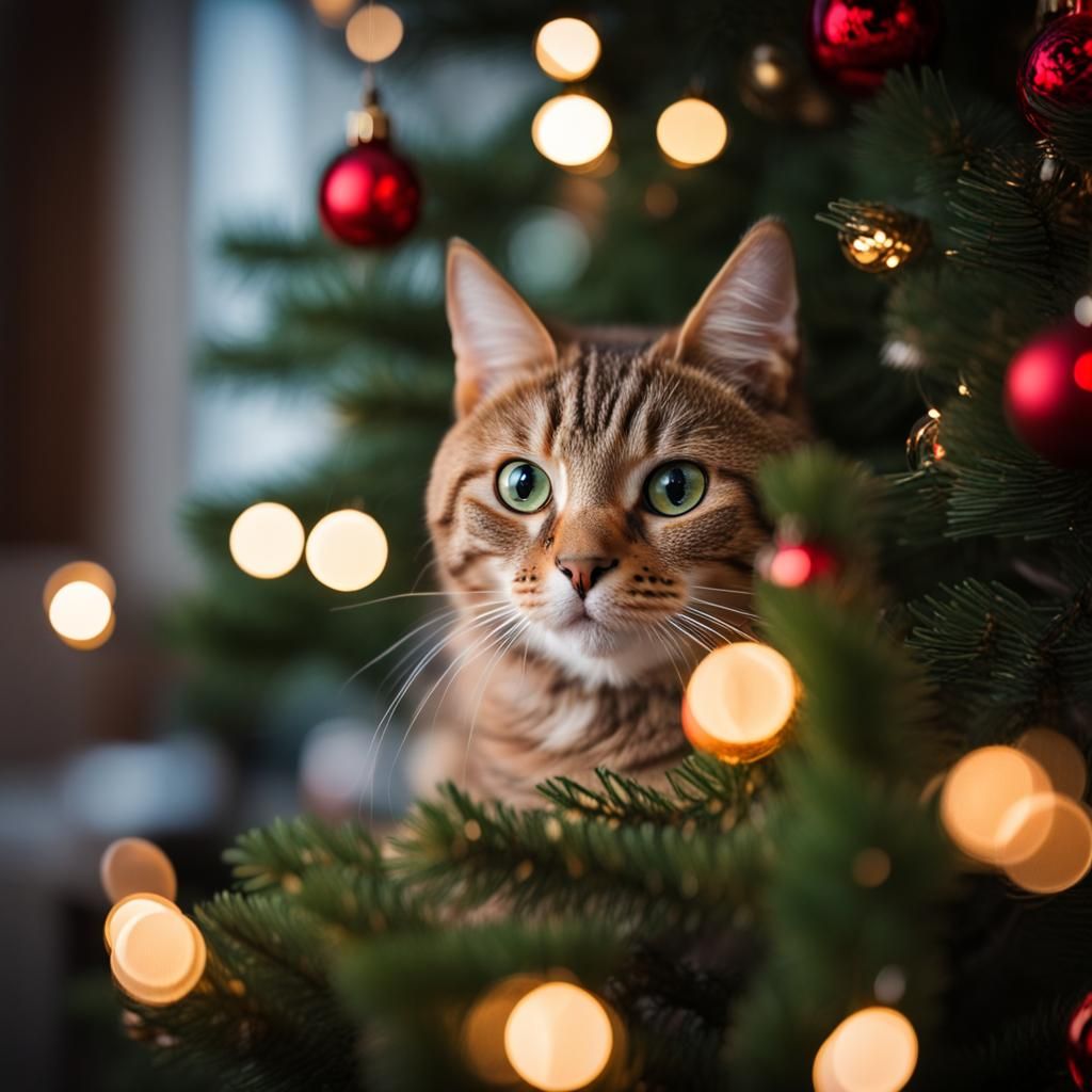 Cute Cat Decorating Christmas Tree in Bokeh Style