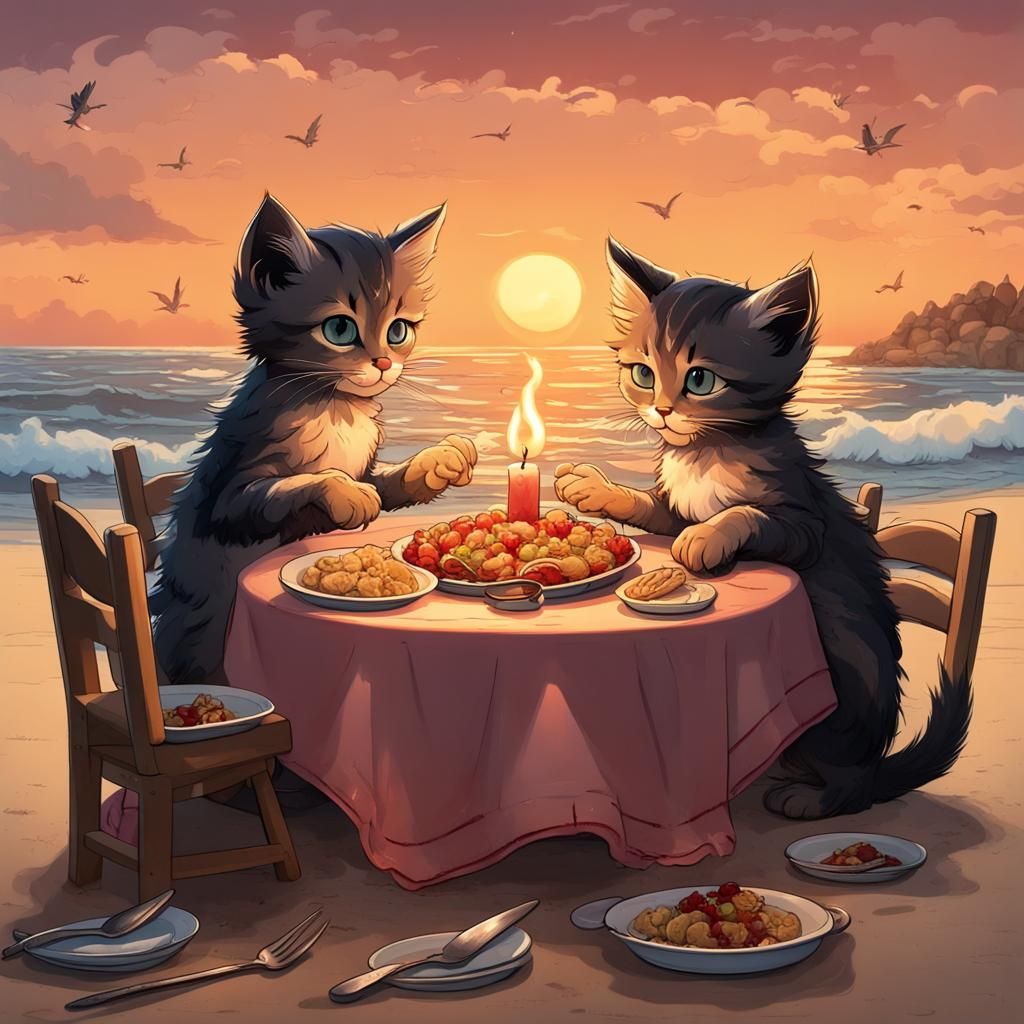 Kittens Steal Dinner on a Romantic Beach