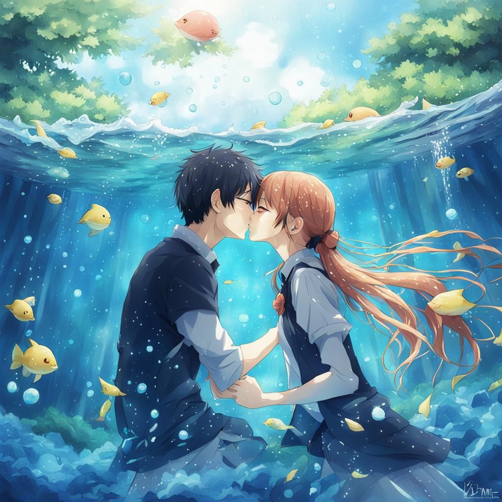 Anime Style Couple Kissing Underwater
