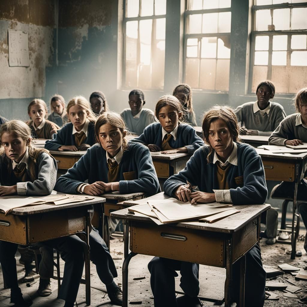 Eerie Abandoned Classroom Scene with Cowering Children