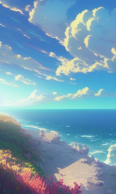 Anime Coast Sunrise with Wildflowers