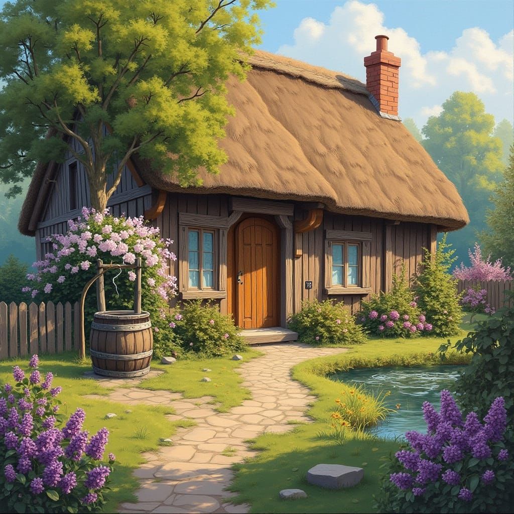 Abstract Painting of a Charming Thatched Cottage in Warm Sun...