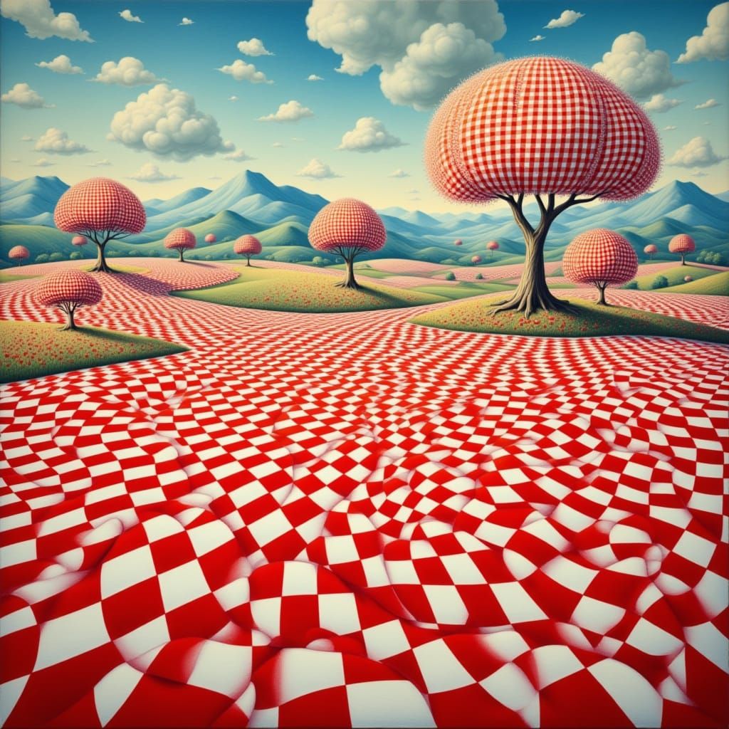 Gingham World: A Surrealist Landscape Painting