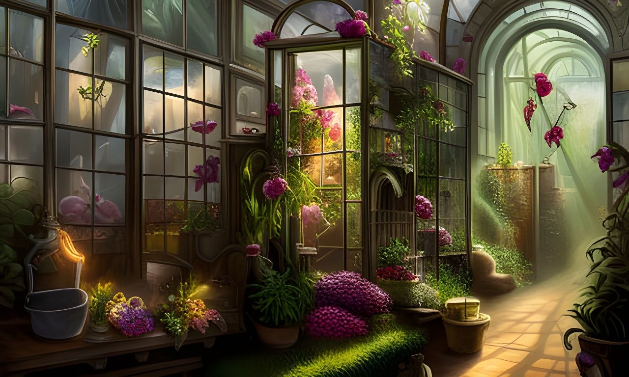 Victorian Greenhouse with Orchids in Steampunk Style
