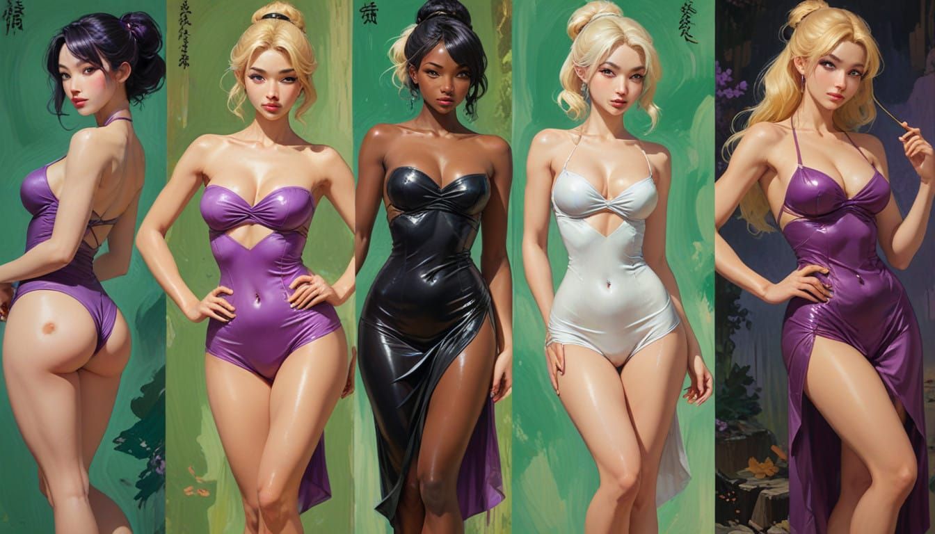 Shitao-Inspired Fantasy Pin-Ups in a Golden Purple Sauna Sce...