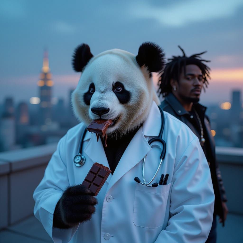 Panda Doctor Eats Chocolate on Rooftop with Rapper