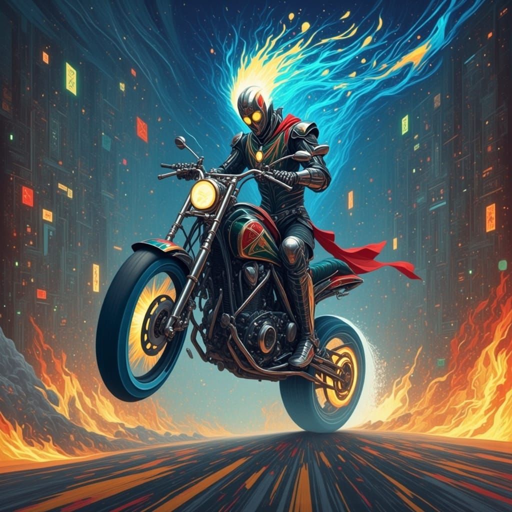 Cyberpunk Ghost Rider on Neon Chrome Bike