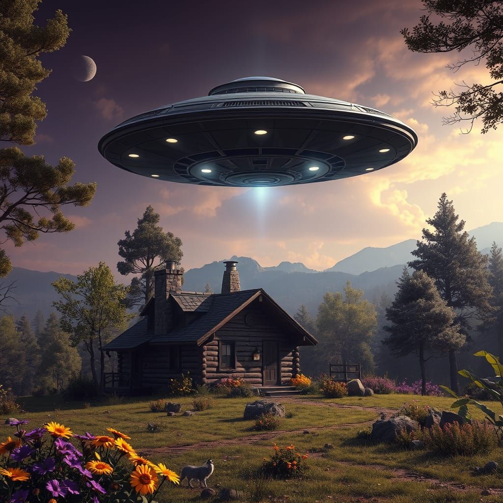 UFO over Rustic Cabin in Dark Fantasy Style