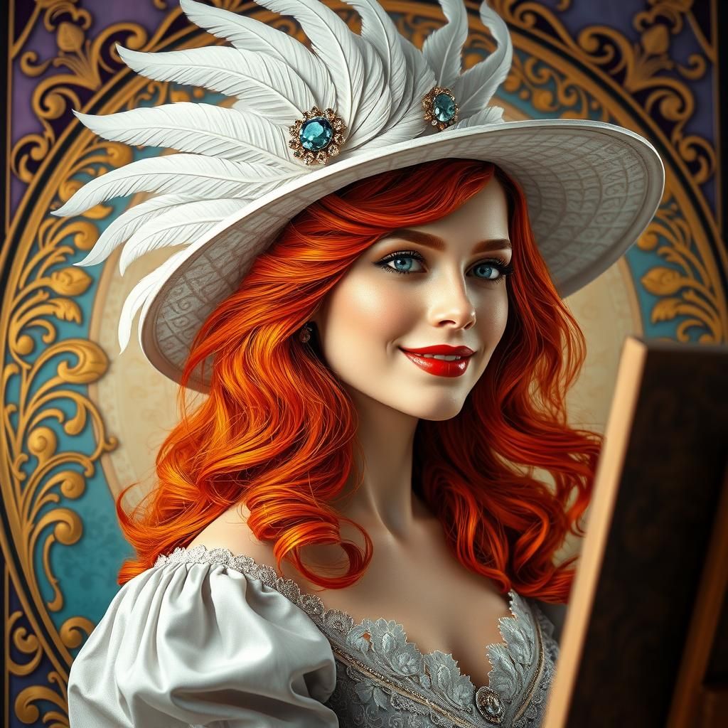 Artist Painting Lady in Hat, Art Nouveau Style