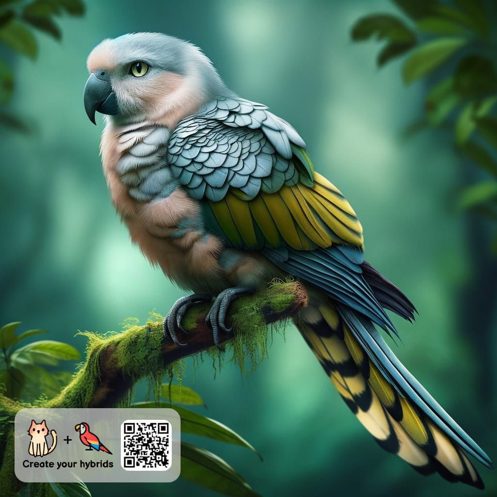 Cat-Parrot Hybrid Creature Fusion Concept