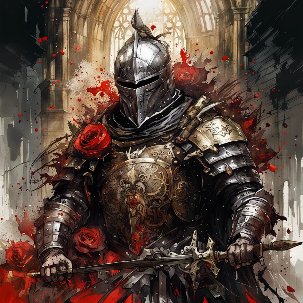 Gothic Knight on Wolf in Field of Roses