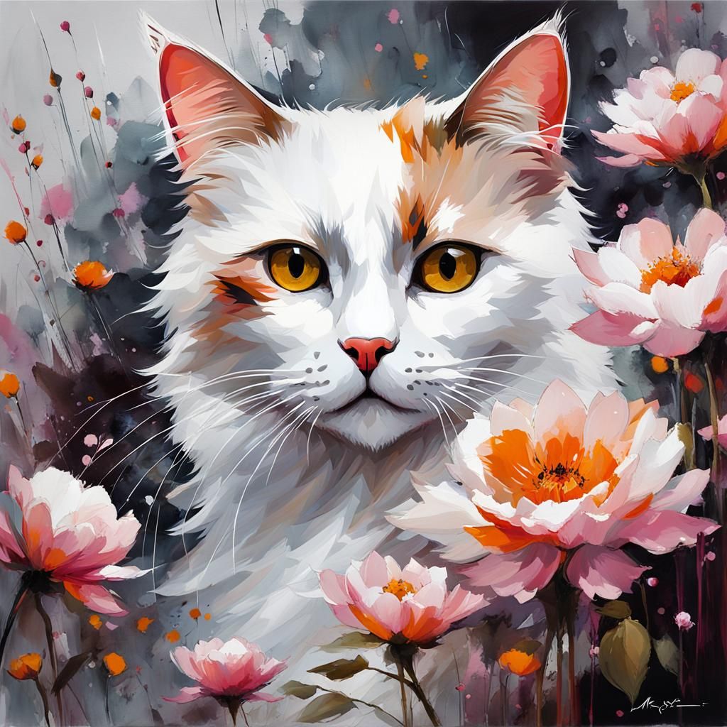 Fluffy White Cat with Flowers as Oil Painting