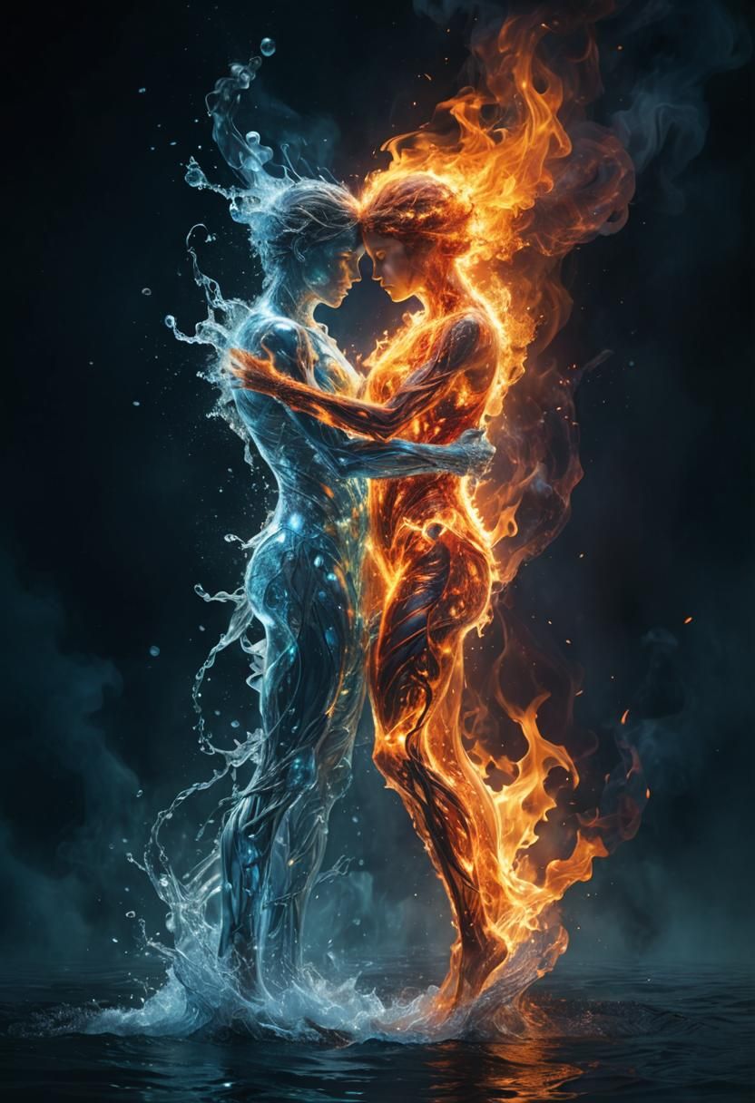 Water and Fire Elementals Embrace: Digital Matte Painting