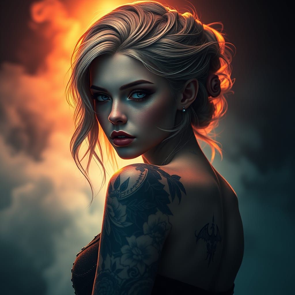 Surreal Woman in Dark Fantasy Tattoo Sleeve Against Mysterio...