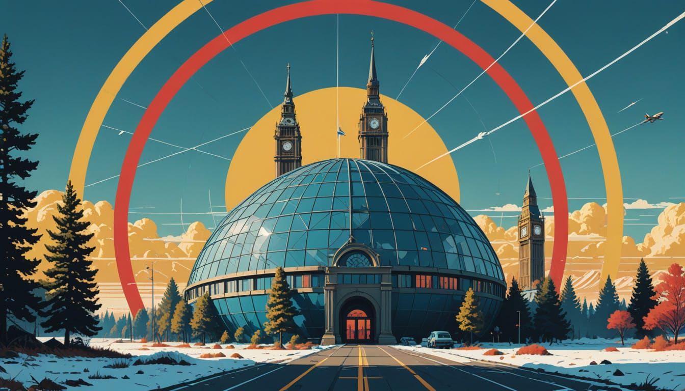 Stylized Globe with Eiffel Tower and Big Ben in Art Deco Sty...