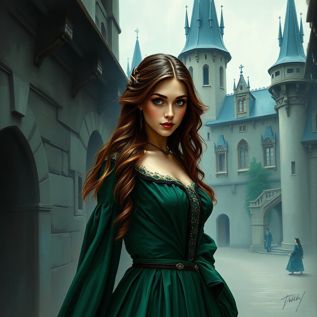 Mystical Woman in Medieval Dress, Gouache Style