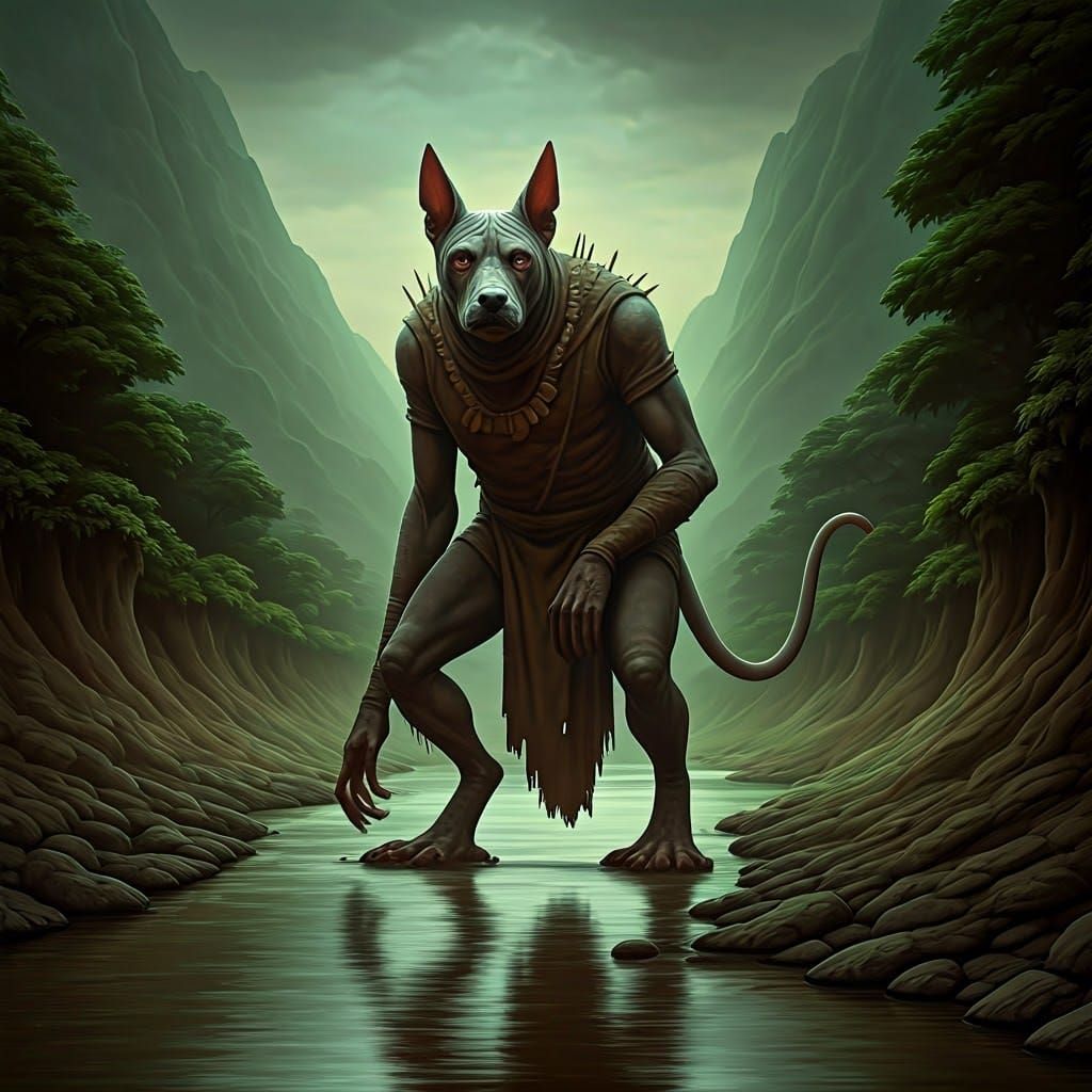 Ahuizotl is a terrifying mythological creature from Mexico.  It is a dog with the hands of a monkey and lives near river...