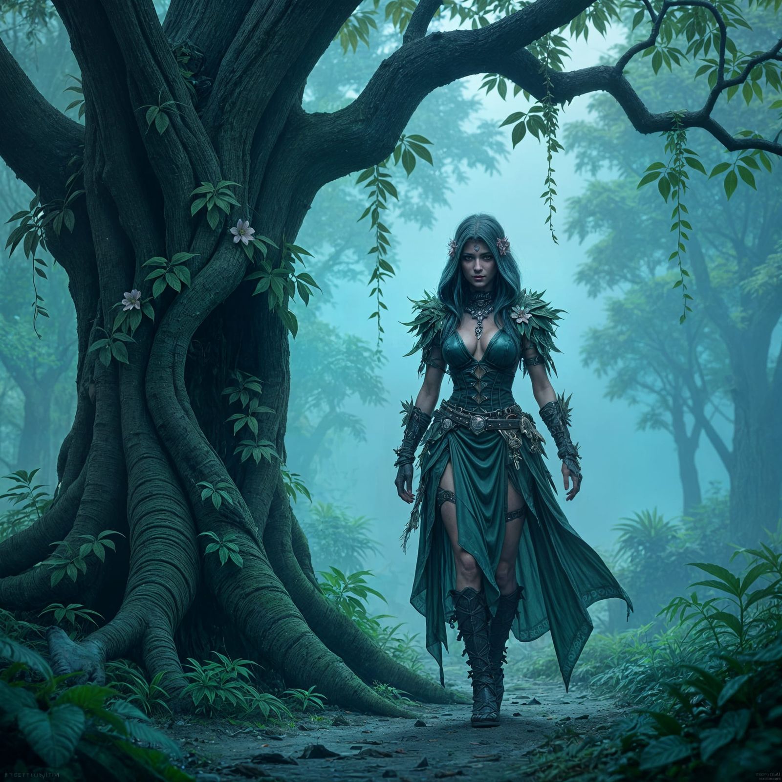 Cyberpunk Druid Emerges in Dark Fantasy Style