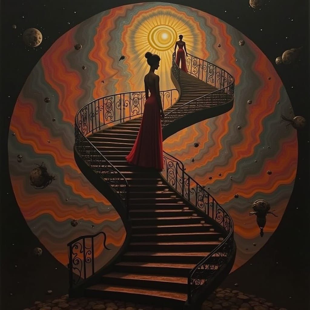 Elegant Woman on Staircase in Hyperrealistic Style