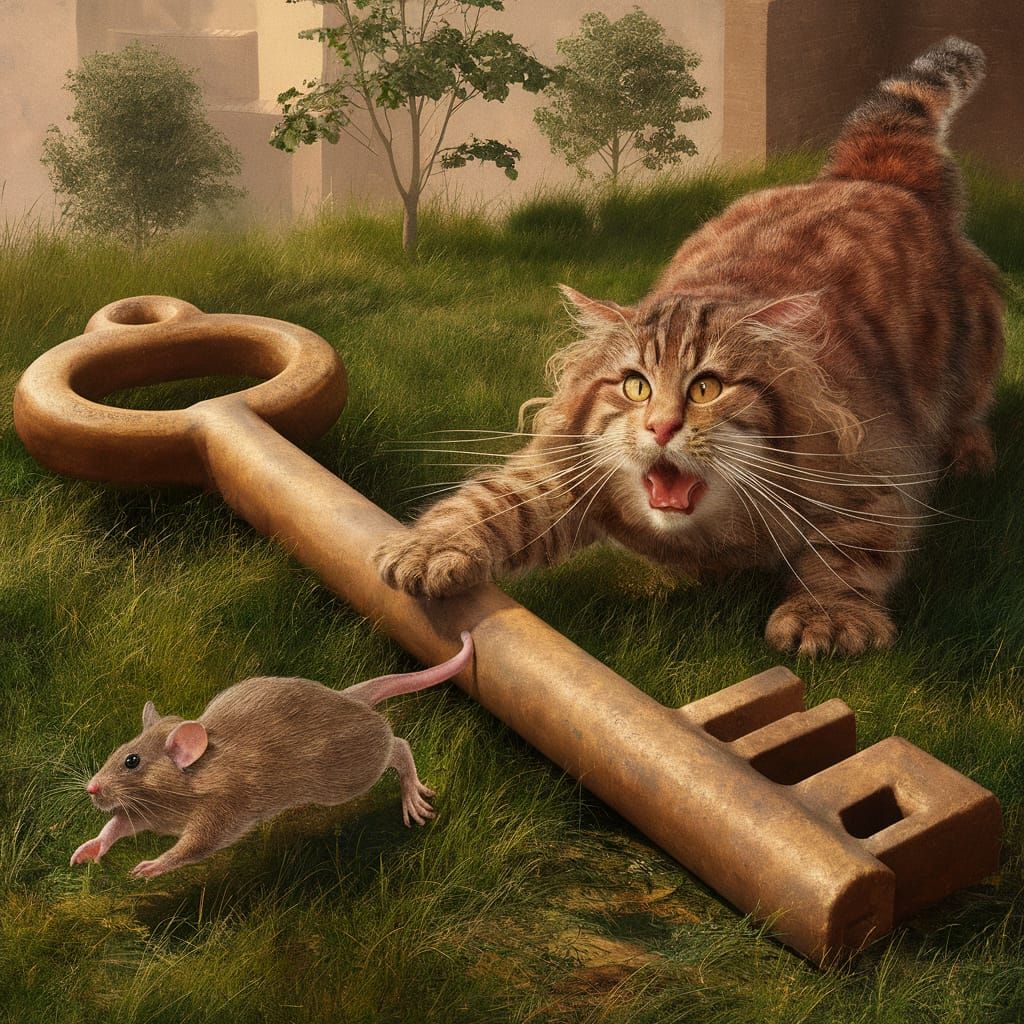 Ancient Key, Cat and Mouse: Dürer-esque Scene