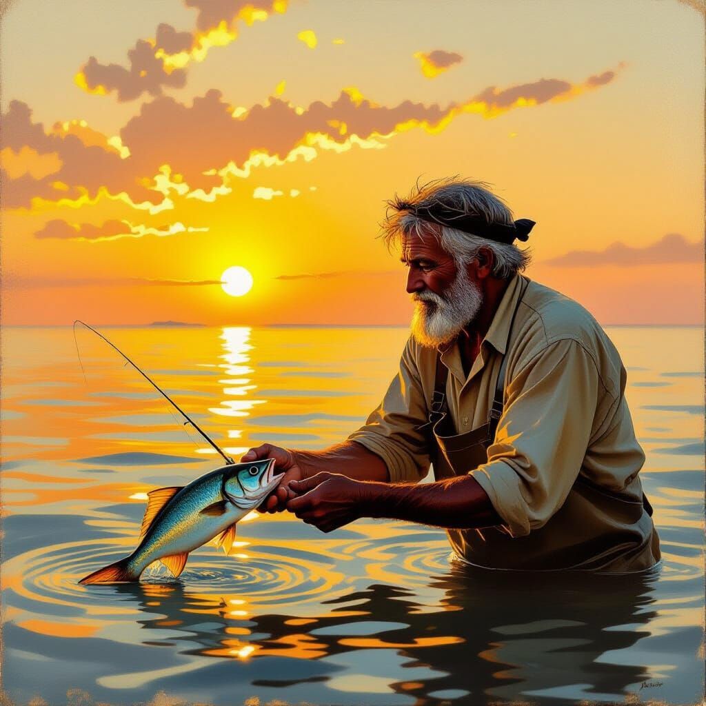 Old Fisherman Returns Fish to Sea at Sunset Oil Painting