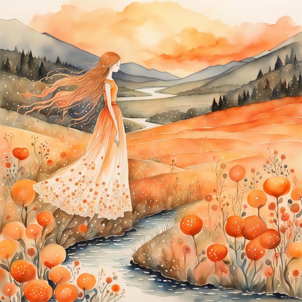 Whimsical Orange Watercolor Fairy Landscape