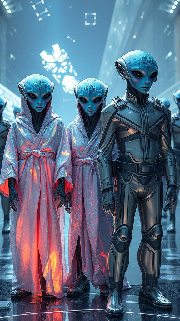 Humanoid Aliens Meet Explorers in Futuristic Cityscape