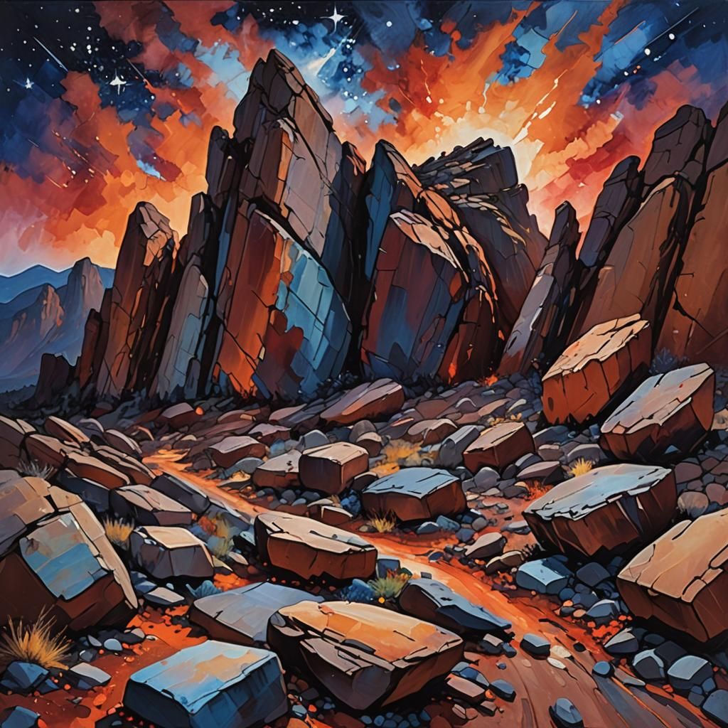 Expressionist Rocky Ridge Under Vibrant Night Sky